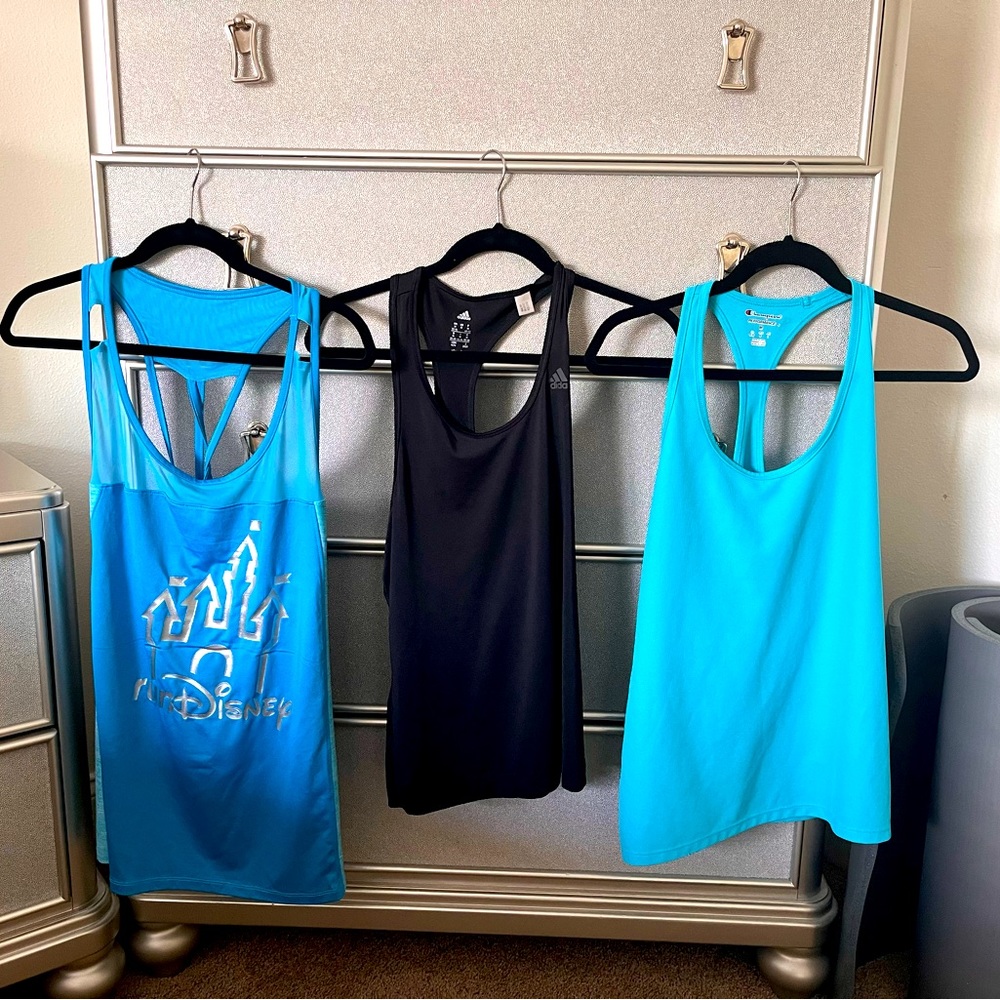TRIO BUNDLE RACERBACK SHIRTS: Adidas, Champion, Disney Run - mixed sizes.